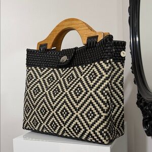 Woven Black and Cream Tote with Wooden Handle